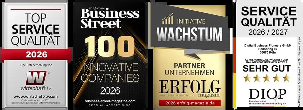 Auszeichnungen: Top Service Qualität 2026 (wirtschaft tv), 100 Innovative Companies 2026 (Business Street Magazine), Partnerunternehmen Initiative Wachstum 2026 (Erfolg Magazin), Service-Qualität 2026/2027 Sehr gut (DIQP)